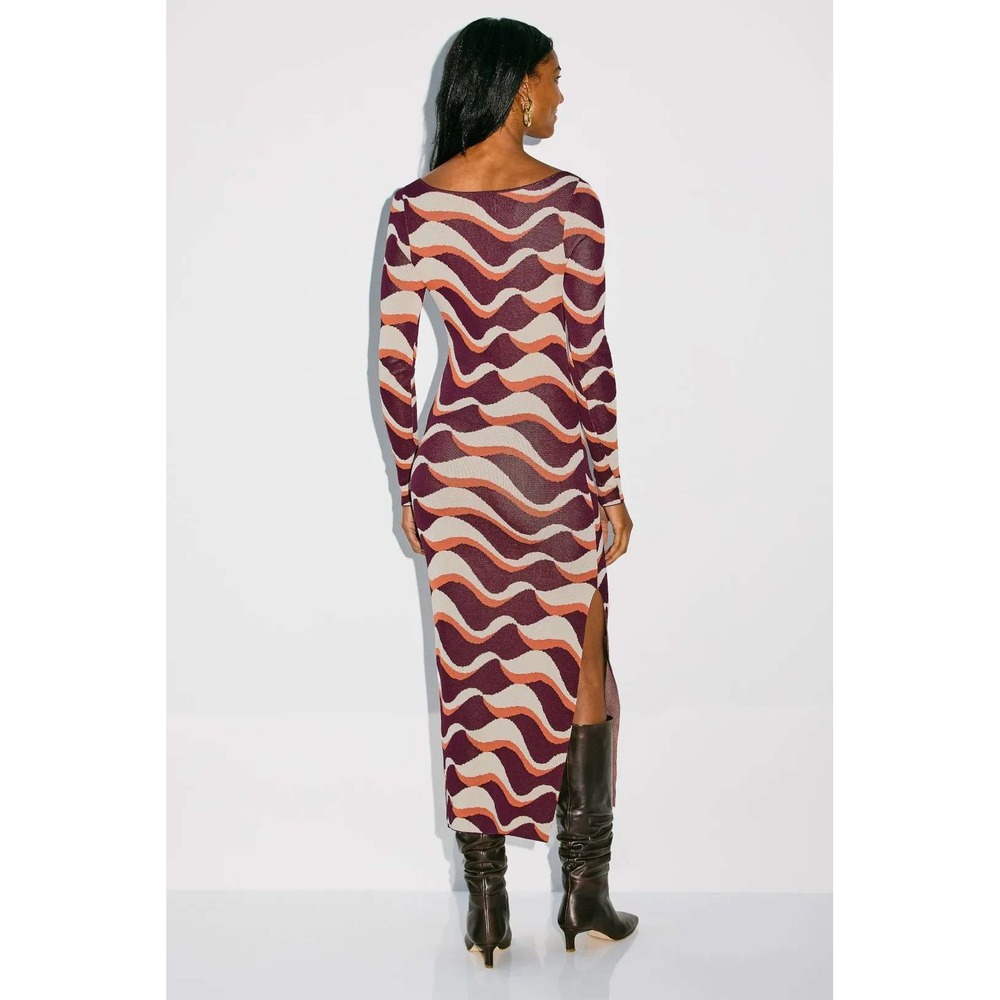 MISA LOS ANGELES Wavy Knit Maxi Dress Long Sleeve Side Slit Purpl Orange Cream M - Picture 2 of 10
